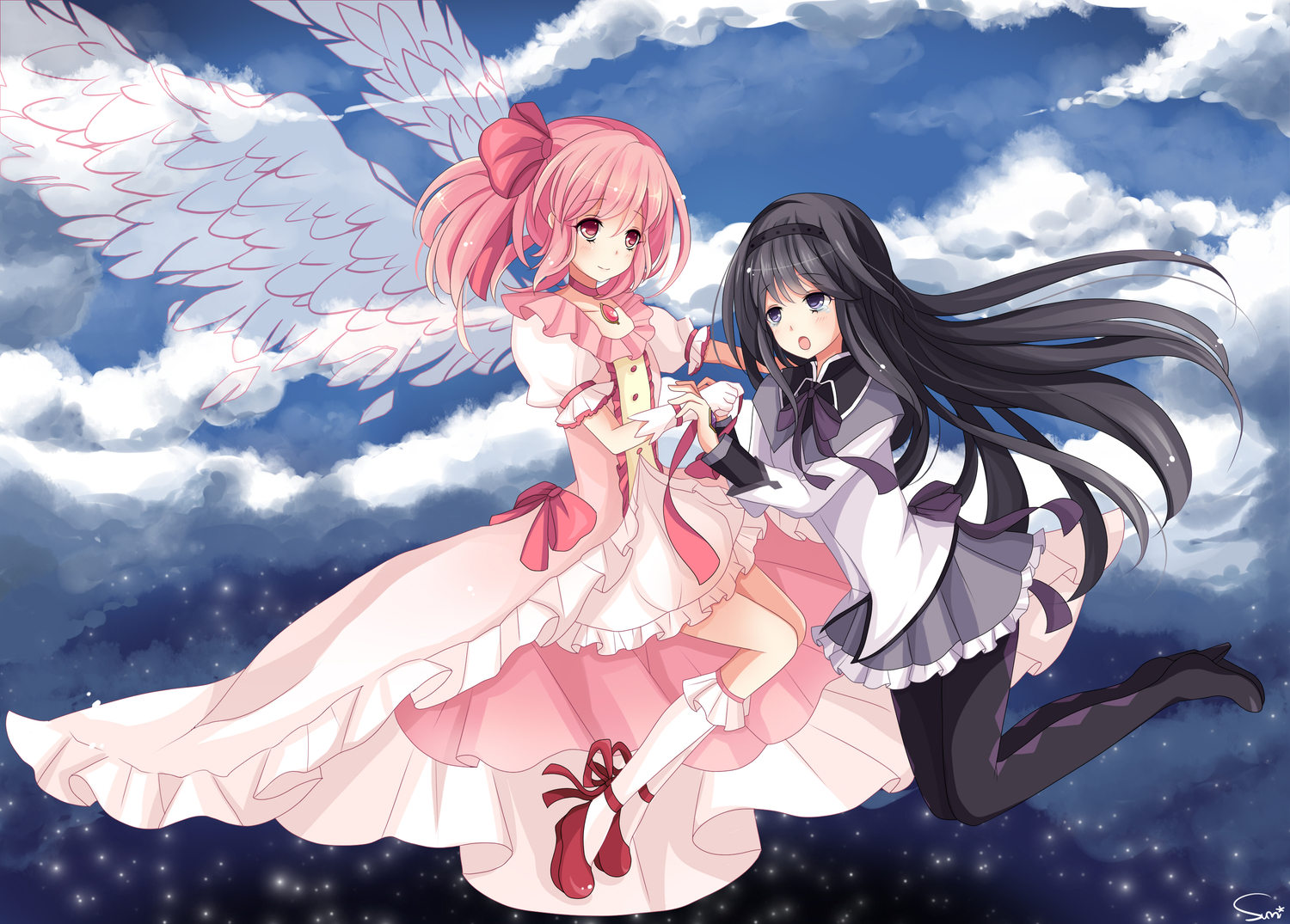 2girls, akemi_homura, clouds, dress, kaname_madoka, mahou_shoujo_madoka_magica, pink_hair, sky