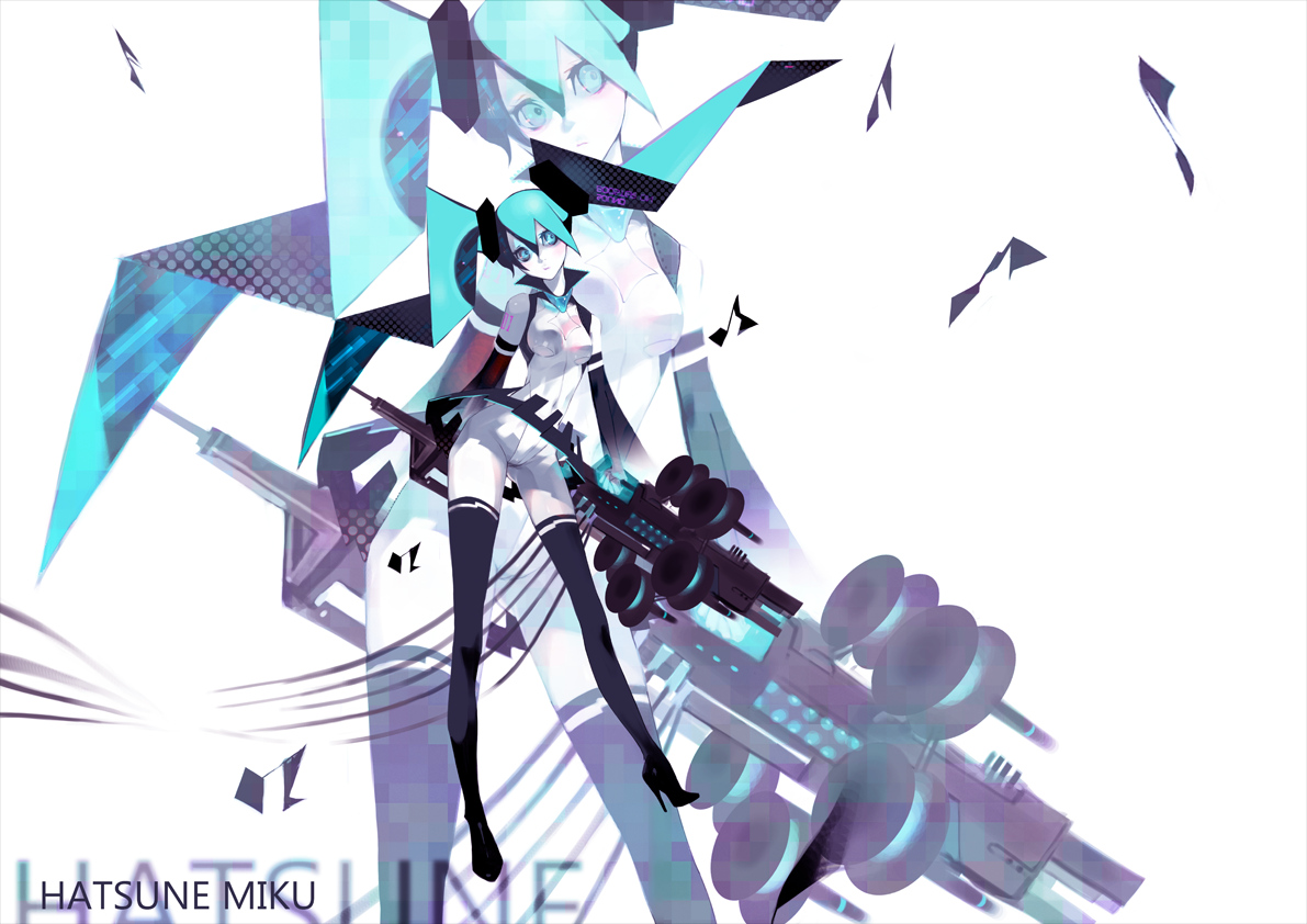 aqua_eyes, aqua_hair, gun, hatsune_miku, temoshi, thighhighs, twintails, vocaloid