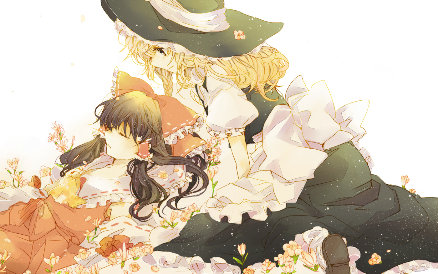 2girls, blonde_hair, dress, flowers, hakurei_reimu, hat, japanese_clothes, kirisame_marisa