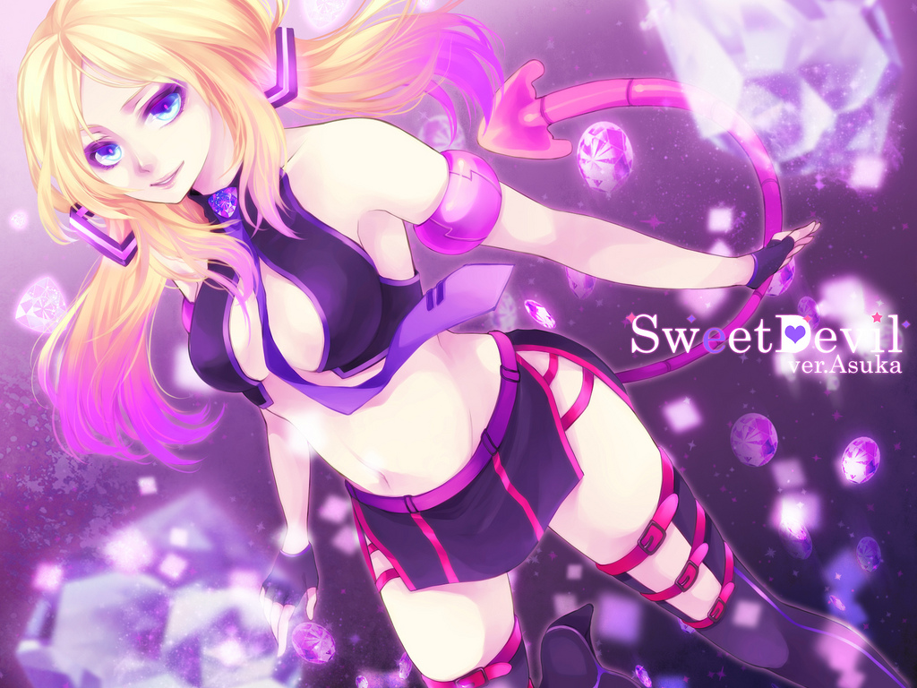 blonde_hair, blue_eyes, breasts, cleavage, sweet_devil_(vocaloid), tail, thighhighs, tie