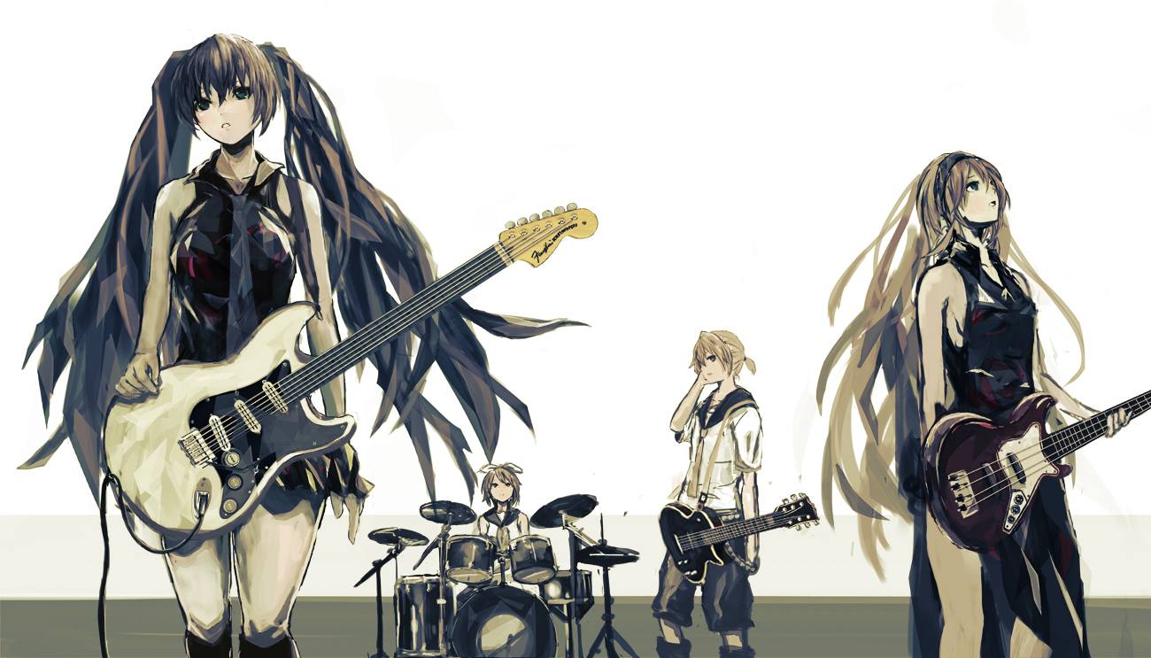 drums, group, guitar, hatsune_miku, instrument, kagamine_len, kagamine_rin, male