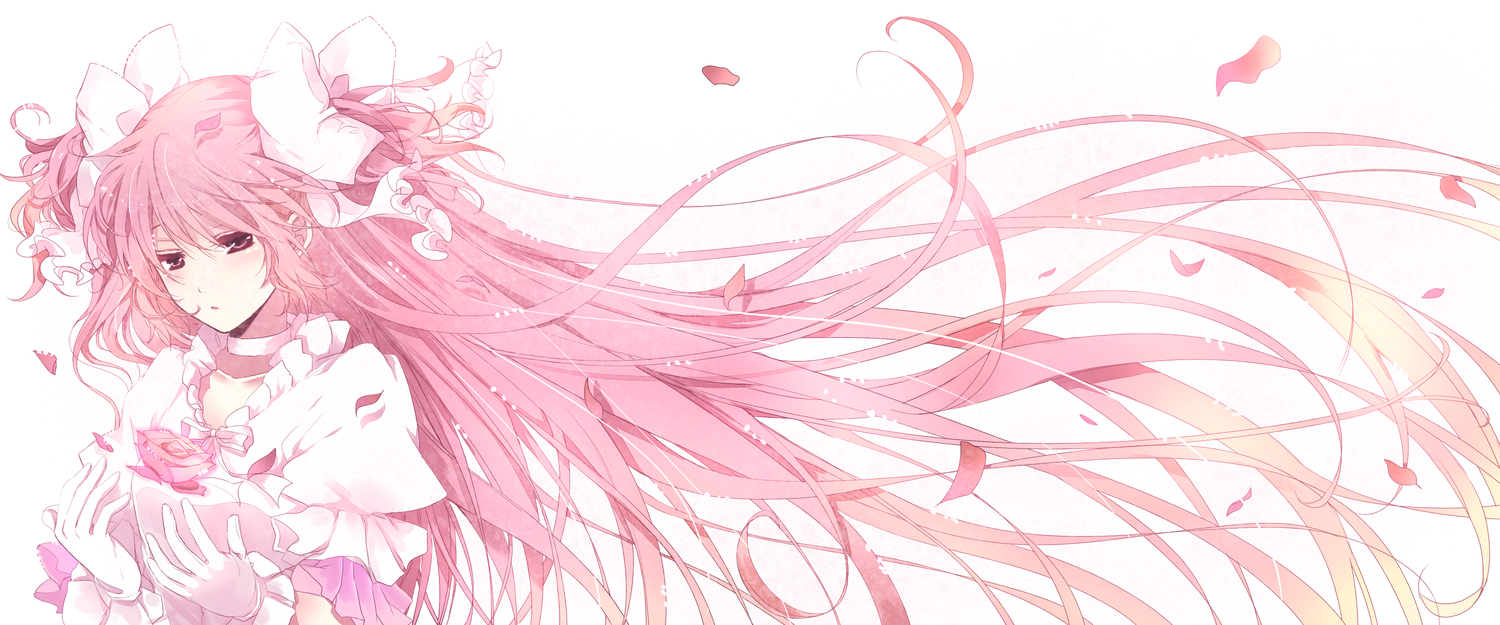flowers, kaname_madoka, long_hair, mahou_shoujo_madoka_magica, mitsu_yomogi, petals, pink_hair, ultimate_madoka, white