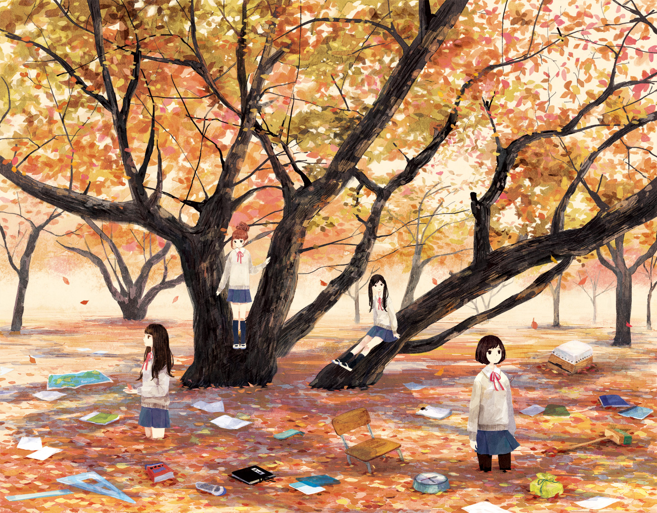 autumn, book, leaves, original, scenic, school_uniform, tree, yuuko_(nora0x0)