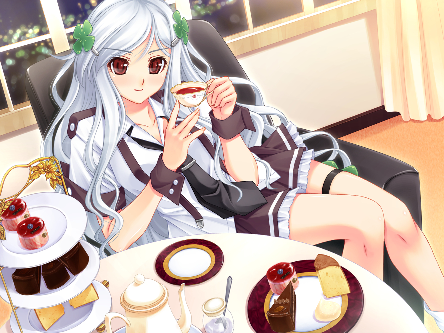 food, fusataka_shikibu, game_cg, gray_hair, mikagura_setsu, red_eyes, renai_saimin, school_uniform, tie