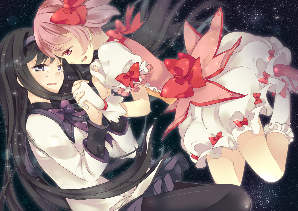 2girls, akemi_homura, kaname_madoka, mahou_shoujo_madoka_magica, maki_(natoriumu), pink_hair, tears