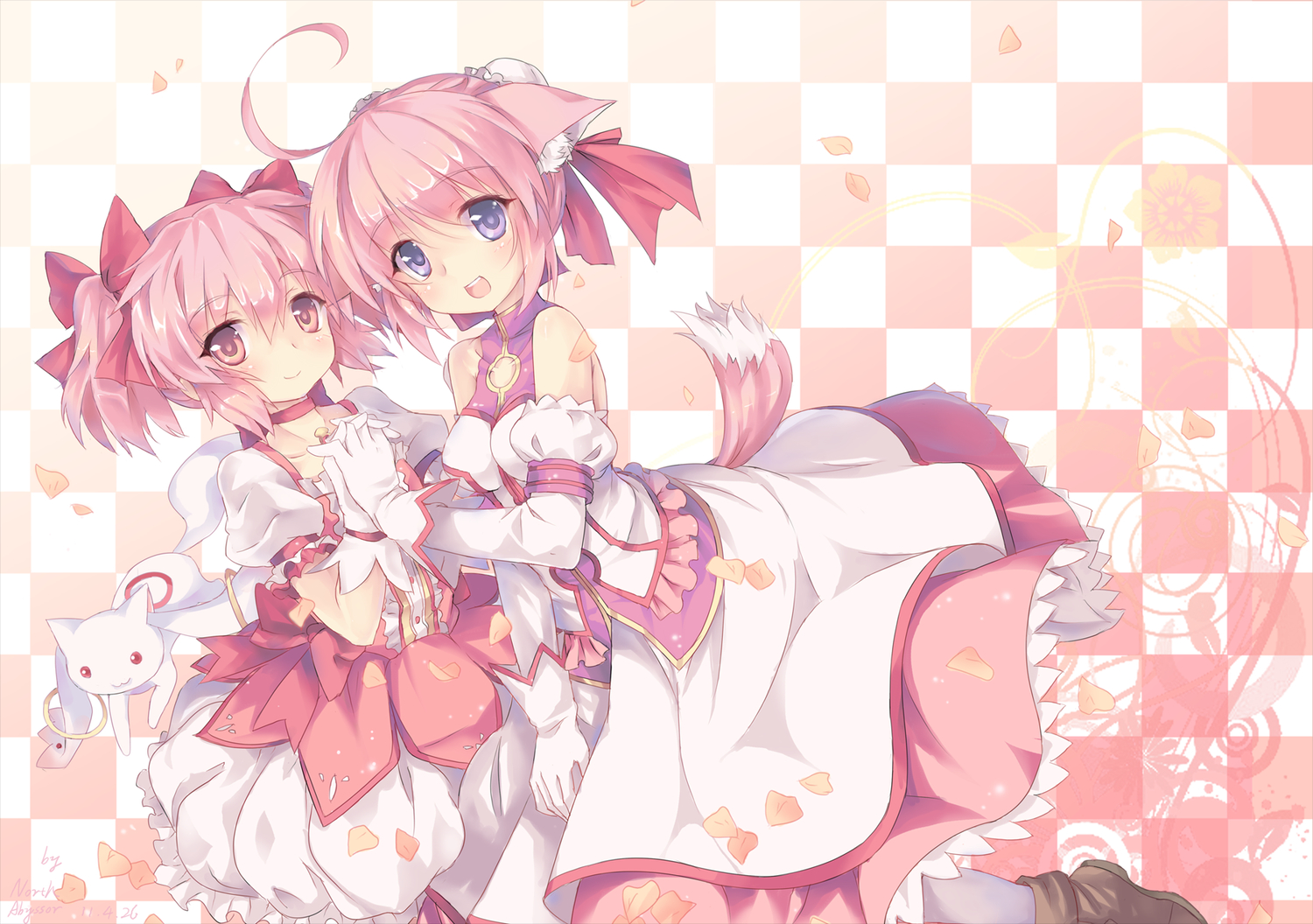 animal_ears, crossover, dog_days, dress, kaname_madoka, kyuubee, mahou_shoujo_madoka_magica, millhiore_f_biscotti