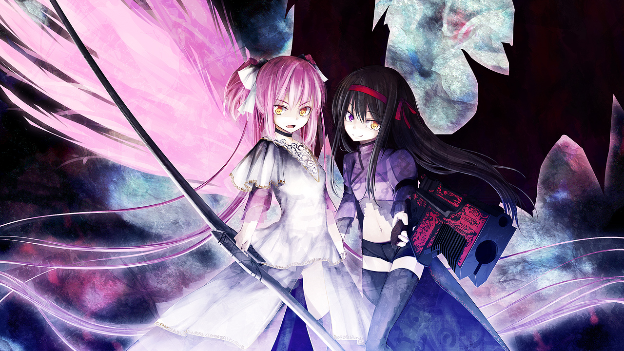 2girls, akemi_homura, bow, bow_(weapon), gun, kaname_madoka, long_hair, lo_(rogu_ryouiki)