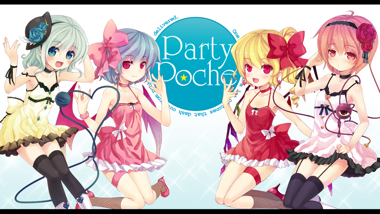 dress, fang, flandre_scarlet, garter_belt, komeiji_koishi, komeiji_satori, minamura_halki, red_eyes