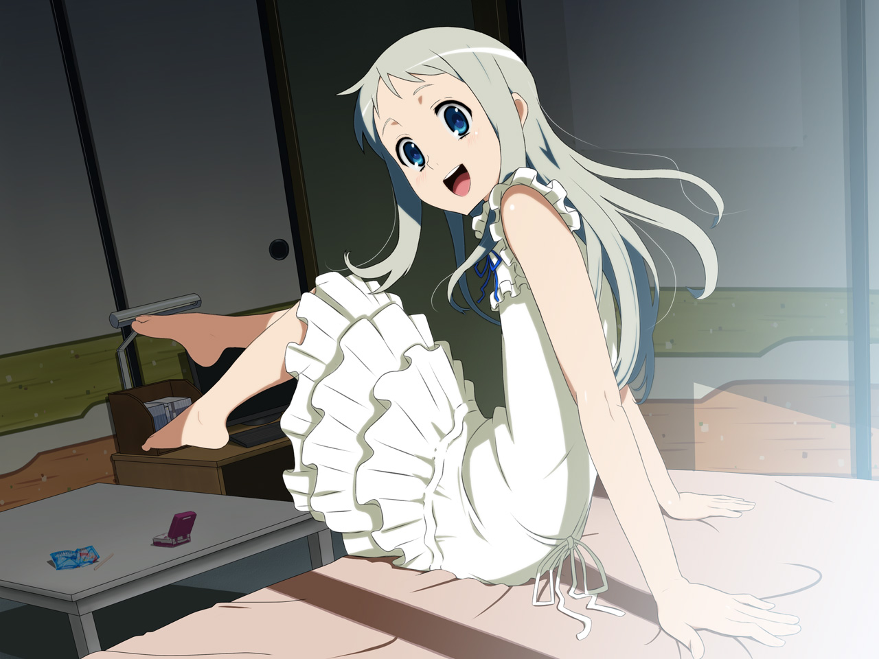 ano_hi_mita_hana_no_namae_wo_bokutachi_wa_mada_shiranai, barefoot, blue_eyes, dress, honma_meiko, kazunari