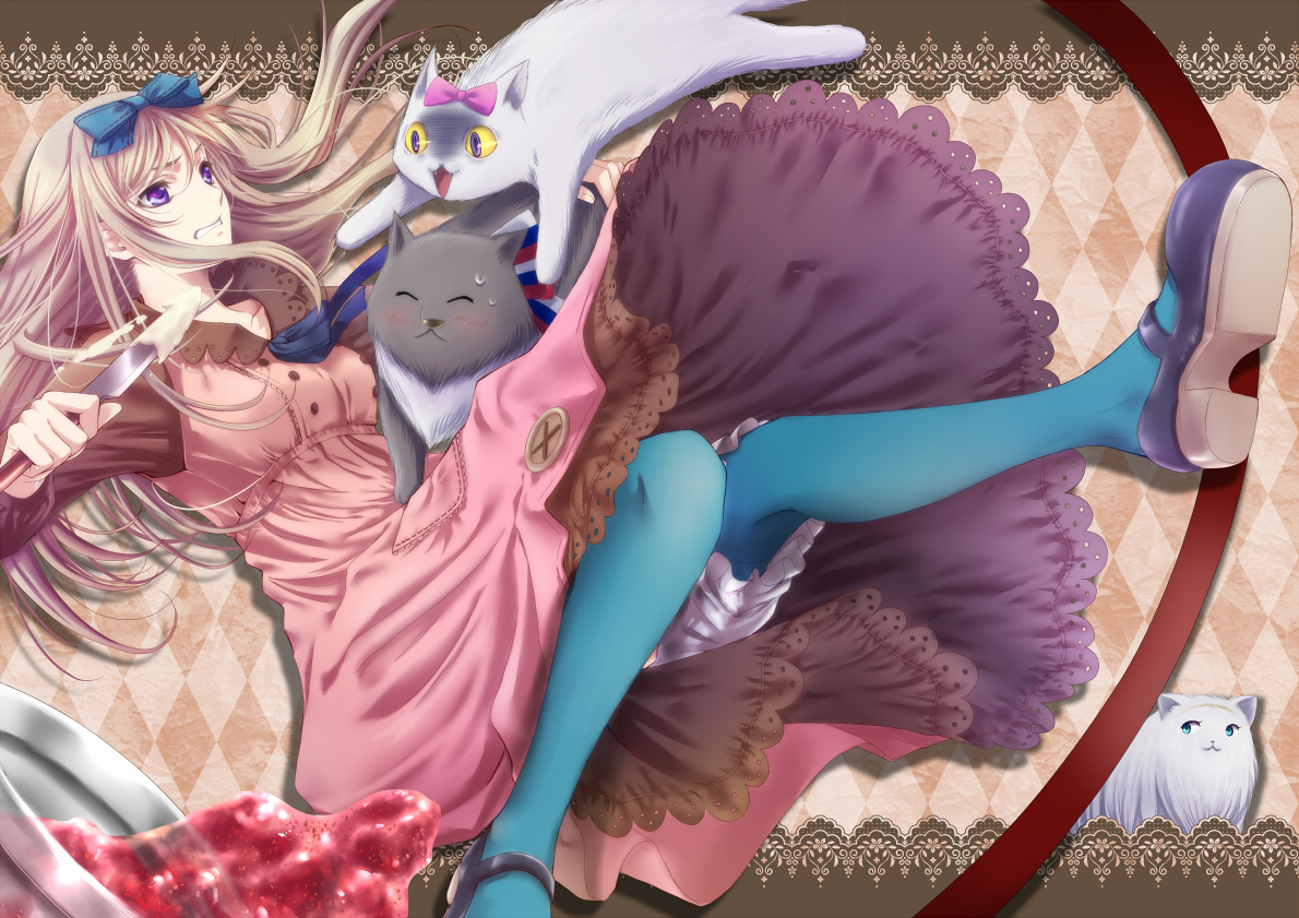animal, anthropomorphism, axis_powers_hetalia, belarus_(hetalia), blonde_hair, cat, dress, knife