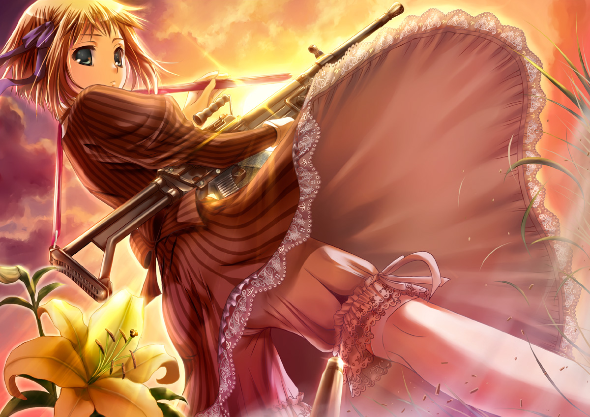 anthropomorphism, axis_powers_hetalia, blonde_hair, bloomers, dress, flowers, green_eyes, gun, liechtenstein_(hetalia), sasano_shiki, short_hair, sky, sunset, weapon