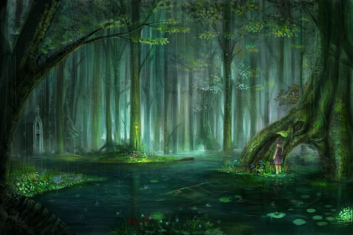 forest, hat, moriya_suwako, occult_soda, rain, touhou, tree, water