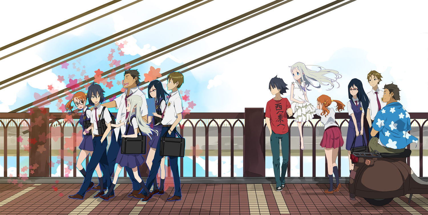 anjou_naruko, ano_hi_mita_hana_no_namae_wo_bokutachi_wa_mada_shiranai, brown_hair, glasses, hisakawa_tetsudou, honma_meiko, matsuyuki_atsumu, muhaikei, school_uniform, sky, tsurumi_chiriko, twintails, yadomi_jinta