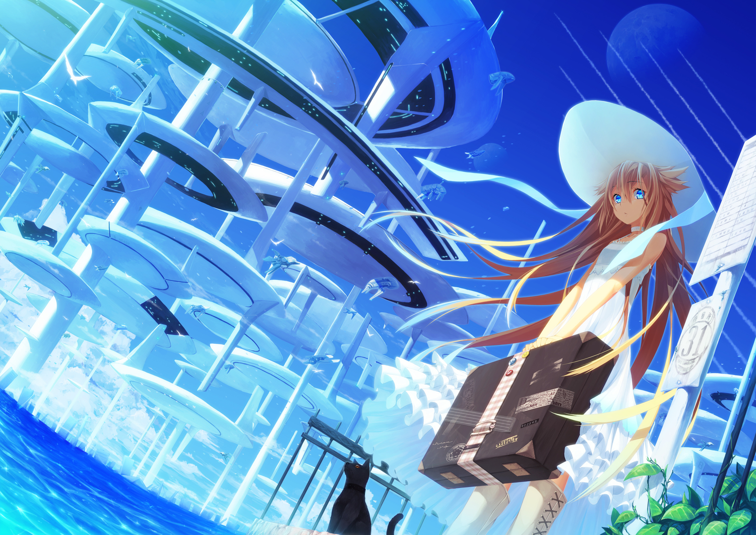 animal, blonde_hair, blue_eyes, boots, cat, choker, dress, hat, itsuwa_(lethal-kemomimi), long_hair, original, sky, summer_dress