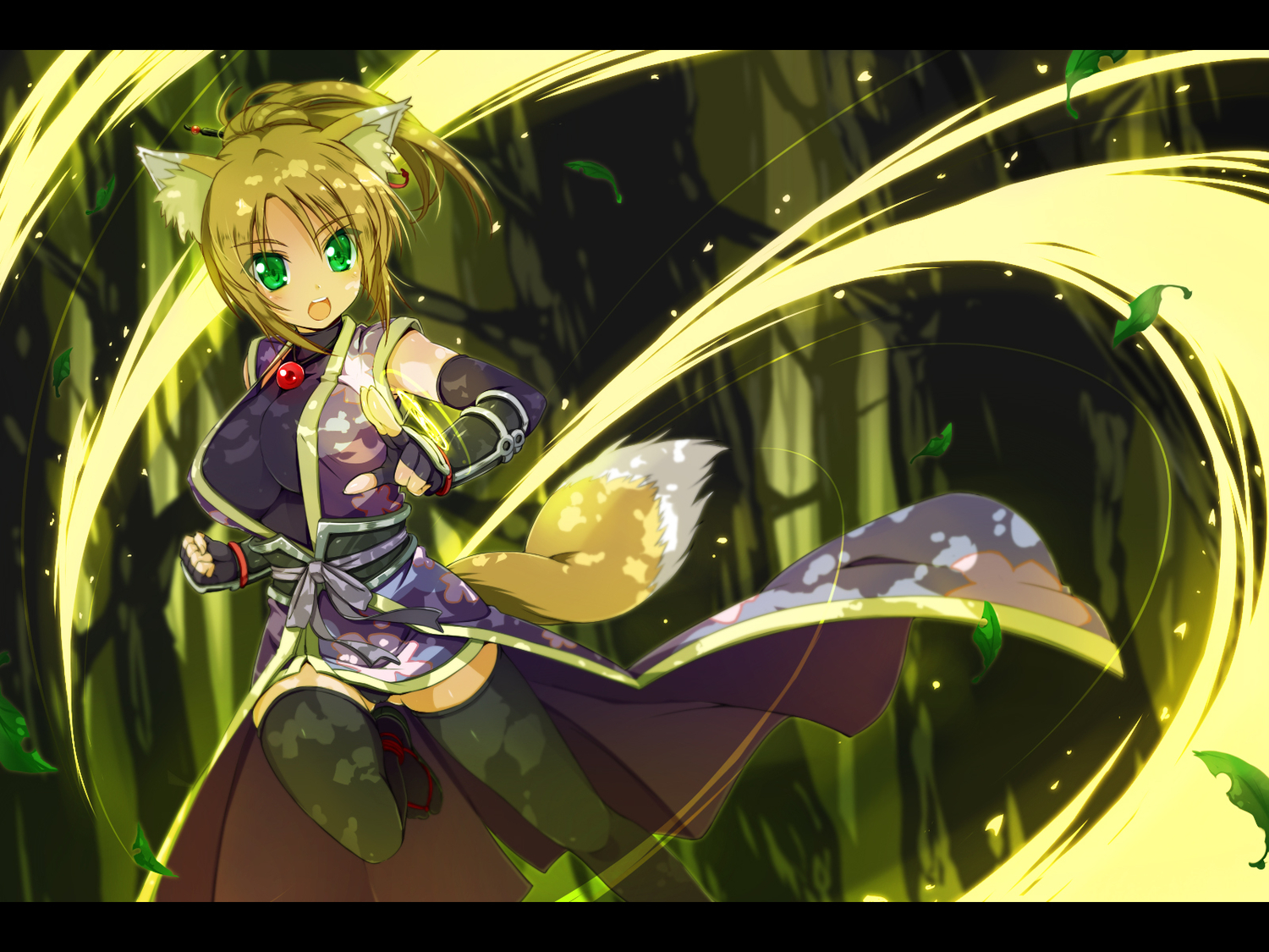 animal_ears, dog_days, foxgirl, green_eyes, japanese_clothes, rokumu_hitomu, tail, thighhighs, yukikaze_panettone