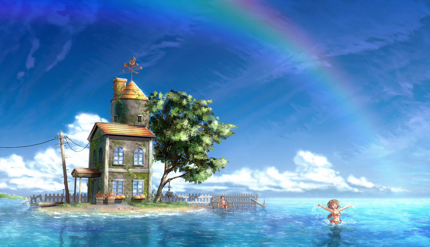 bikini, breasts, building, cleavage, clouds, kakisuke, leaves, long_hair, navel, original, ponytail, rainbow, scenic, short_hair, sky, swimsuit, tree, water