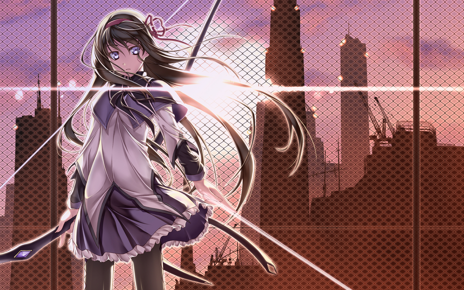akemi_homura, bow, bow_(weapon), mahou_shoujo_madoka_magica, purple_eyes, shinohara_shinome, weapon