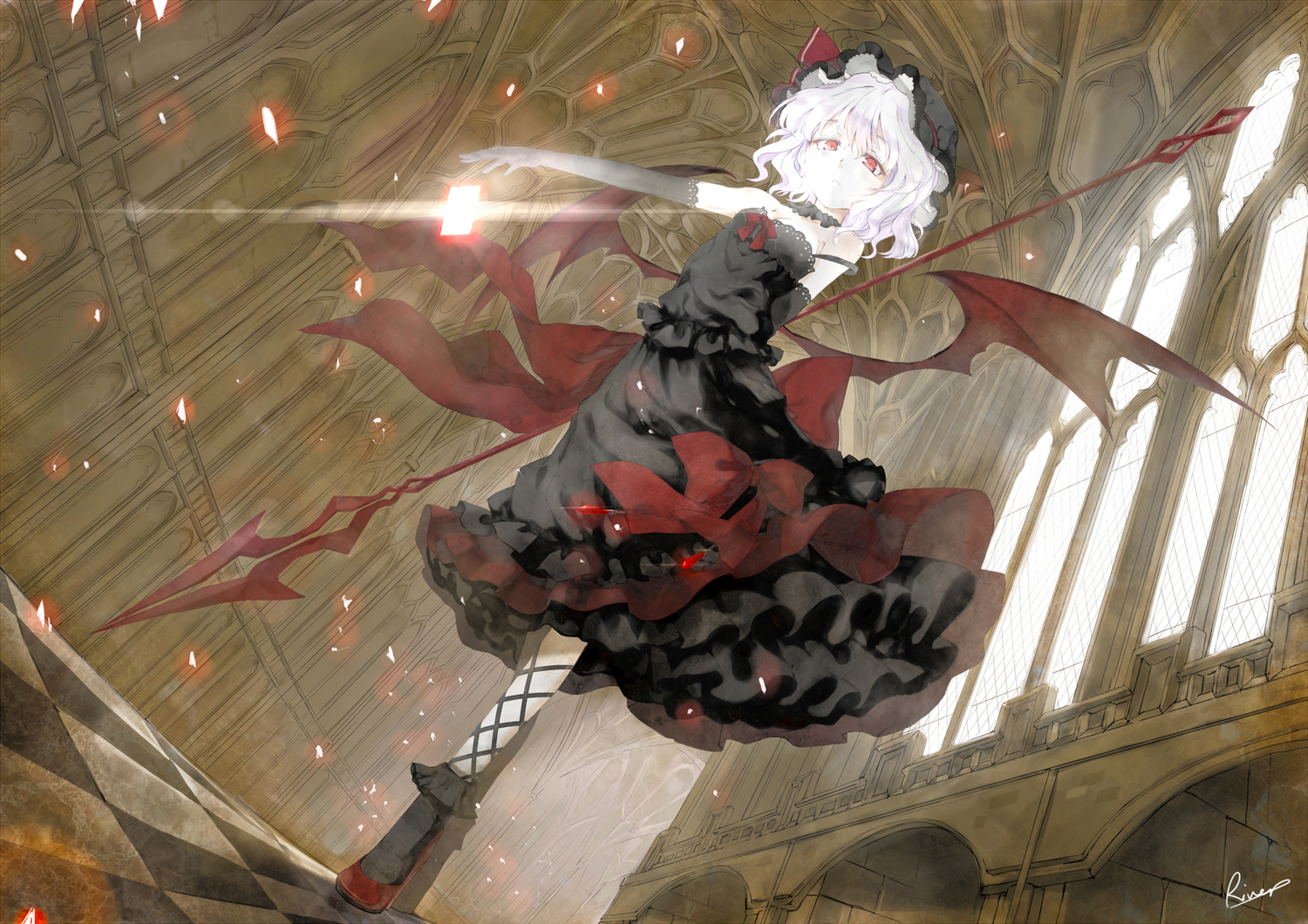 alongriver, dress, goth-loli, lolita_fashion, red_eyes, remilia_scarlet, short_hair, signed, third-party_edit, touhou, vampire, weapon, white_hair, wings