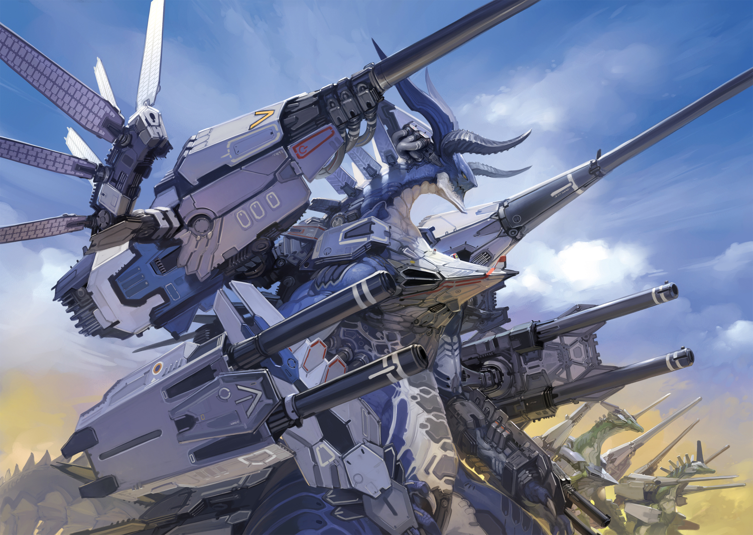 armor, dragon, gun, horns, original, takayama_toshiaki, weapon
