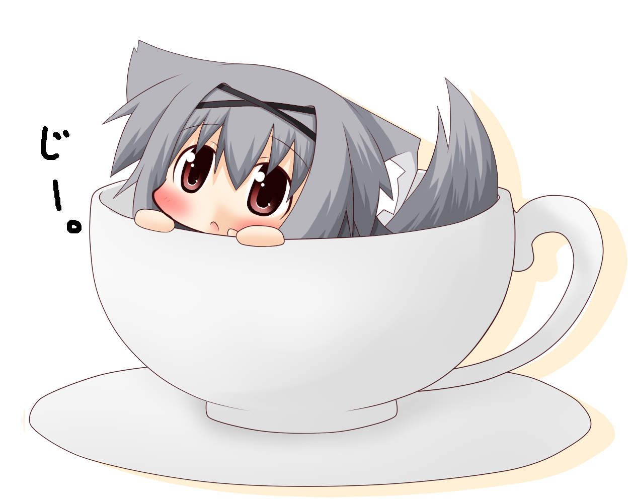 animal_ears, blush, chibi, foxgirl, gray_hair, original, red_eyes, shinshia, tail