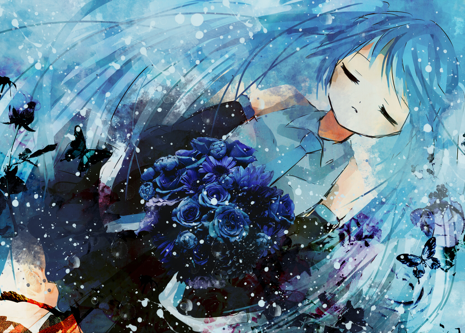animal, blue_hair, butterfly, dog, flowers, hatsune_miku, hinanosuke, long_hair