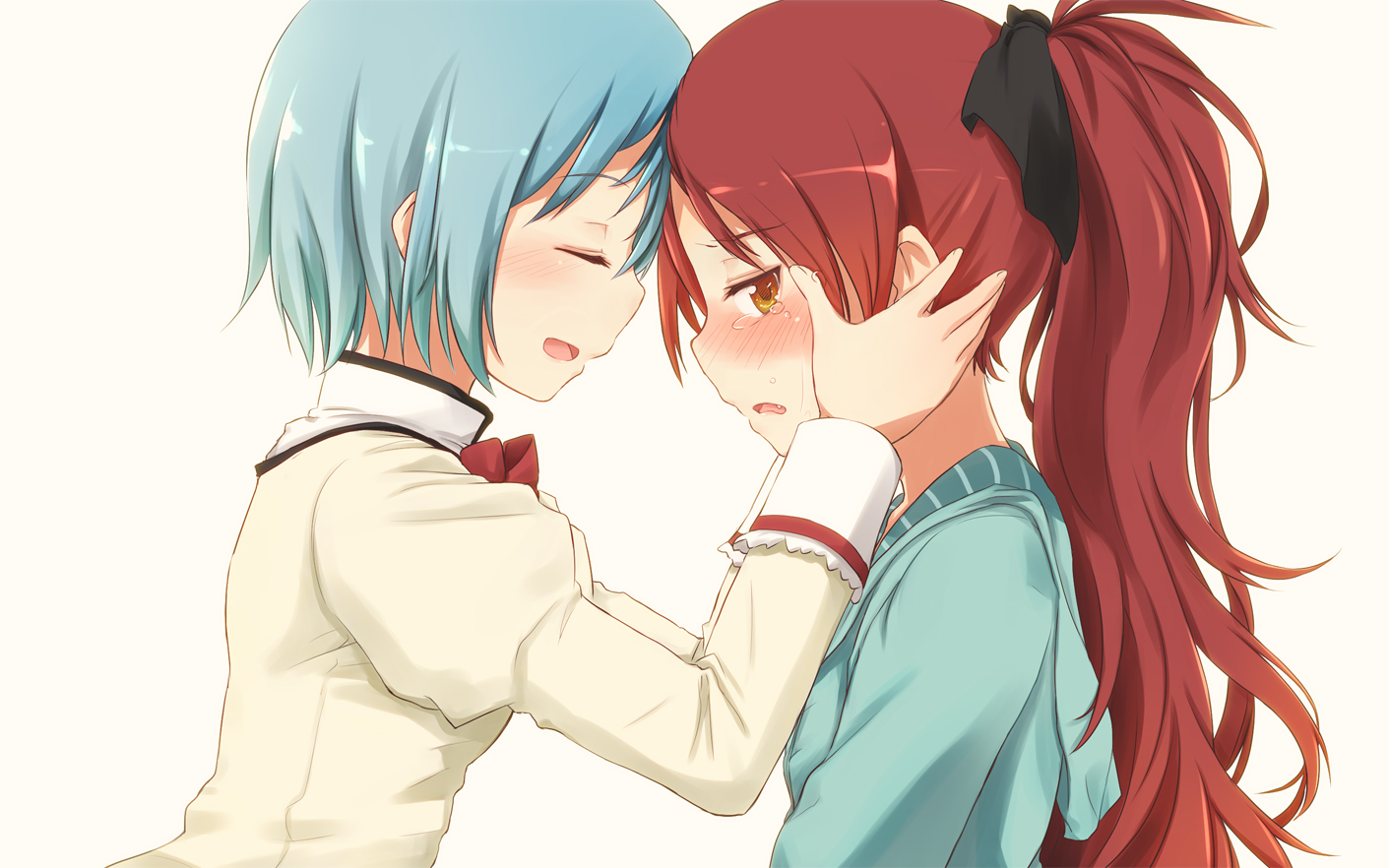 2girls, mahou_shoujo_madoka_magica, miki_sayaka, red_hair, sakura_kyouko, tatsuno_ryou, tears, white