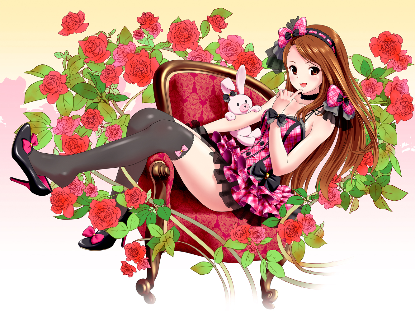 bow, dress, flowers, idolmaster, minase_iori, ponnetsu, thighhighs, white