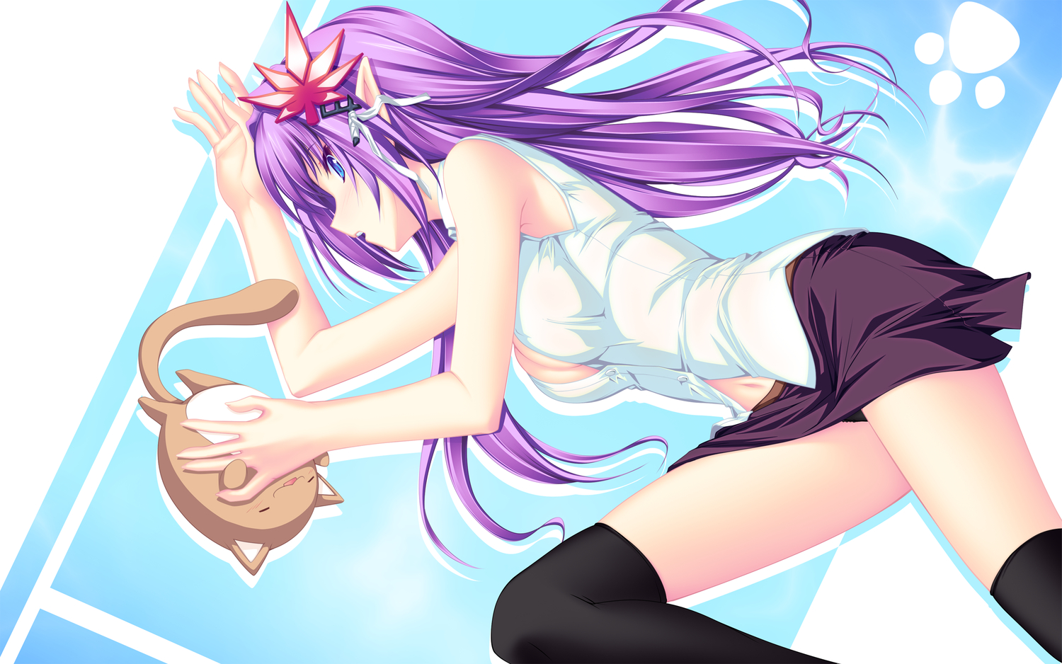 breasts, cleavage, kureha_(maikaze_no_melt), maikaze_no_melt, panties, pointed_ears, purple_hair, tenmaso