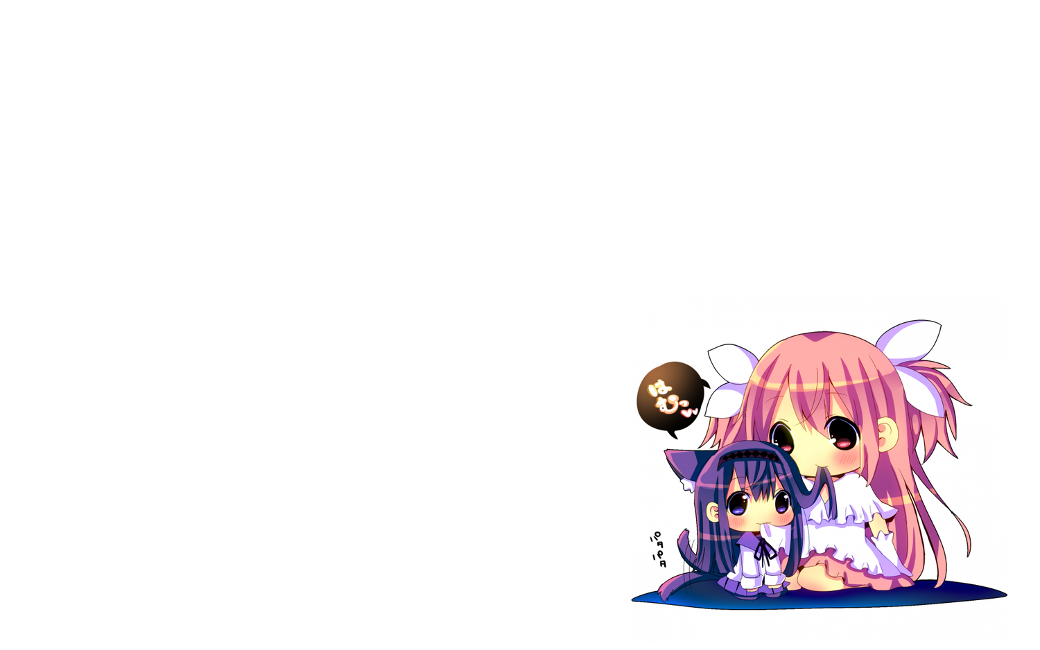 2girls, akemi_homura, animal_ears, blush, catgirl, chibi, hina_hina, kaname_madoka, mahou_shoujo_madoka_magica, tail, ultimate_madoka, white