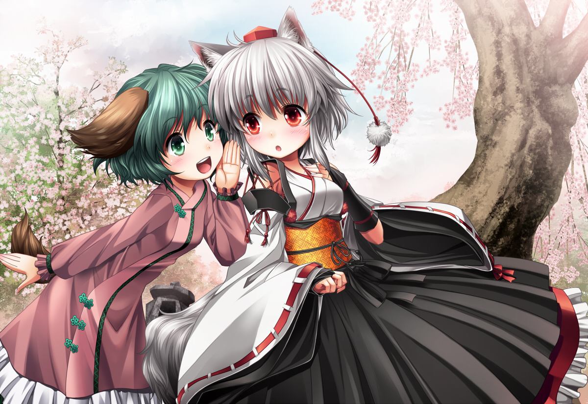 2girls, animal_ears, dress, flowers, green_eyes, green_hair, inubashiri_momiji, japanese_clothes, kasodani_kyouko, kei_kei, red_eyes, tail, touhou, tree, wolfgirl