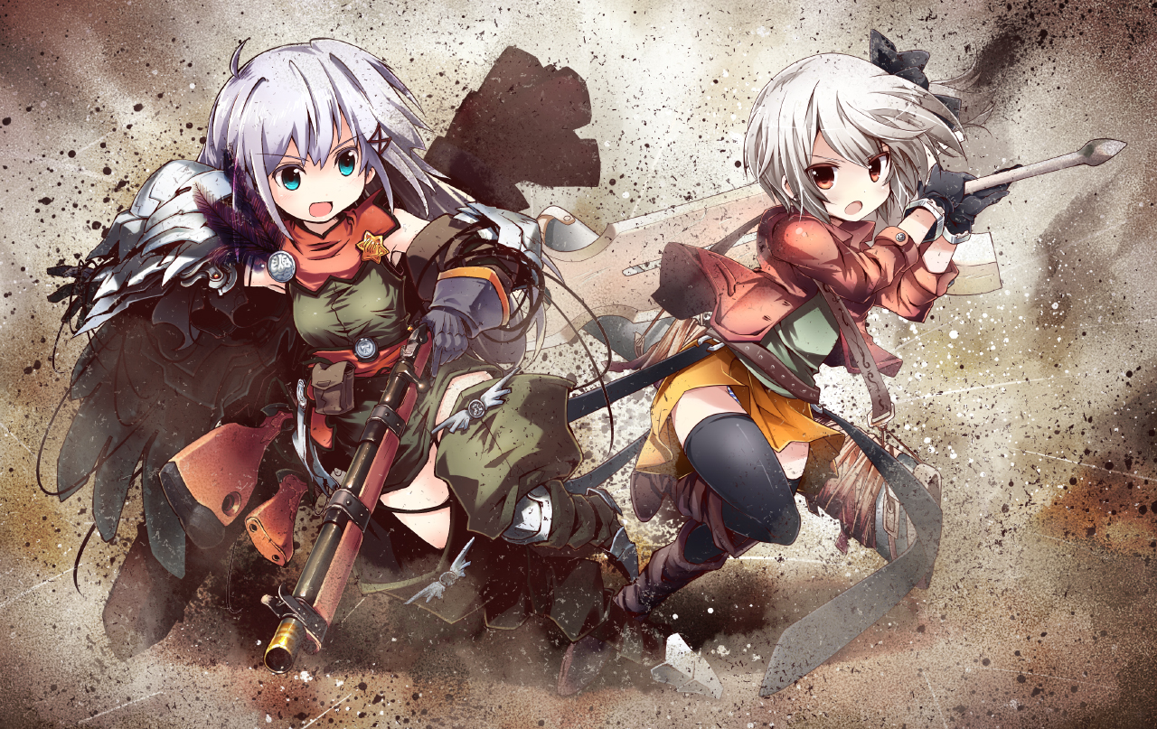 2girls, aqua_eyes, bow, brown_eyes, gloves, gun, long_hair, nanaroku_(fortress76)