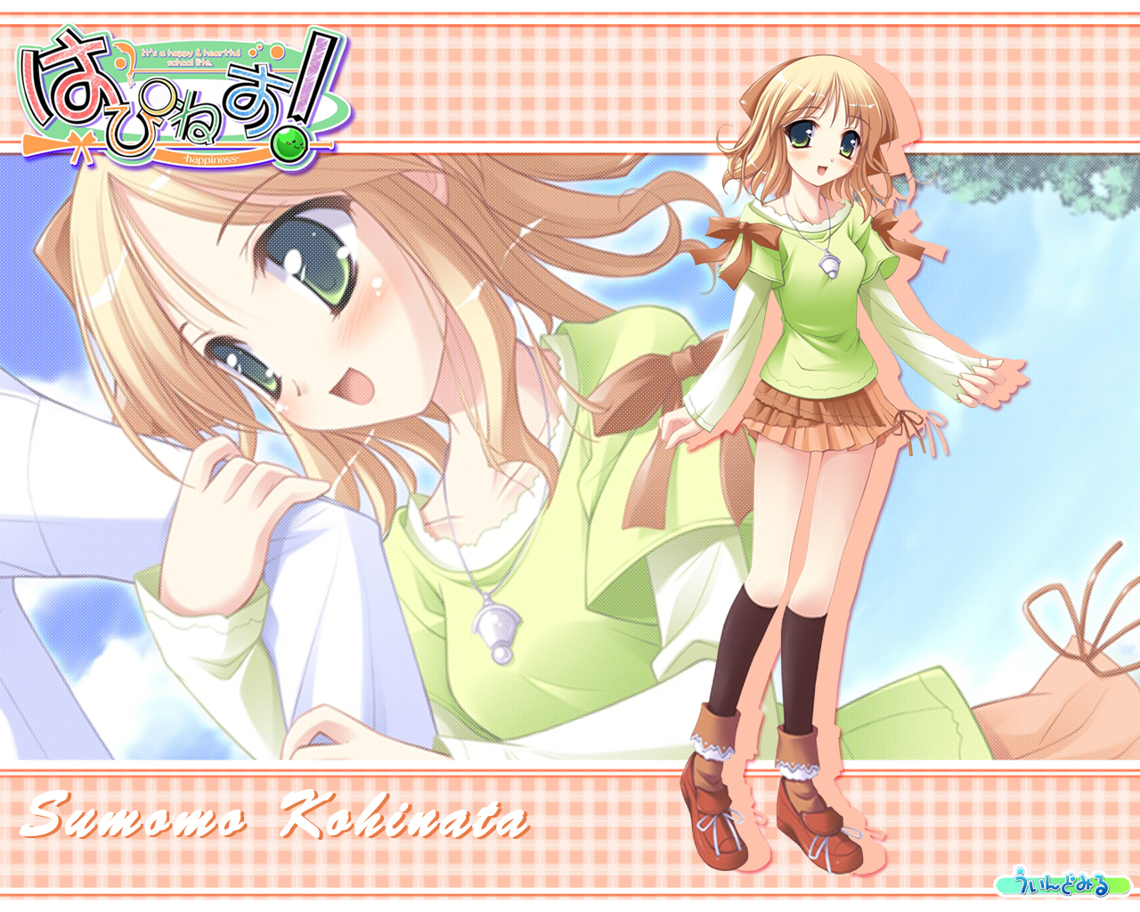 blonde_hair, green_eyes, happiness, kneehighs, kohinata_sumomo, necklace, ribbons, skirt