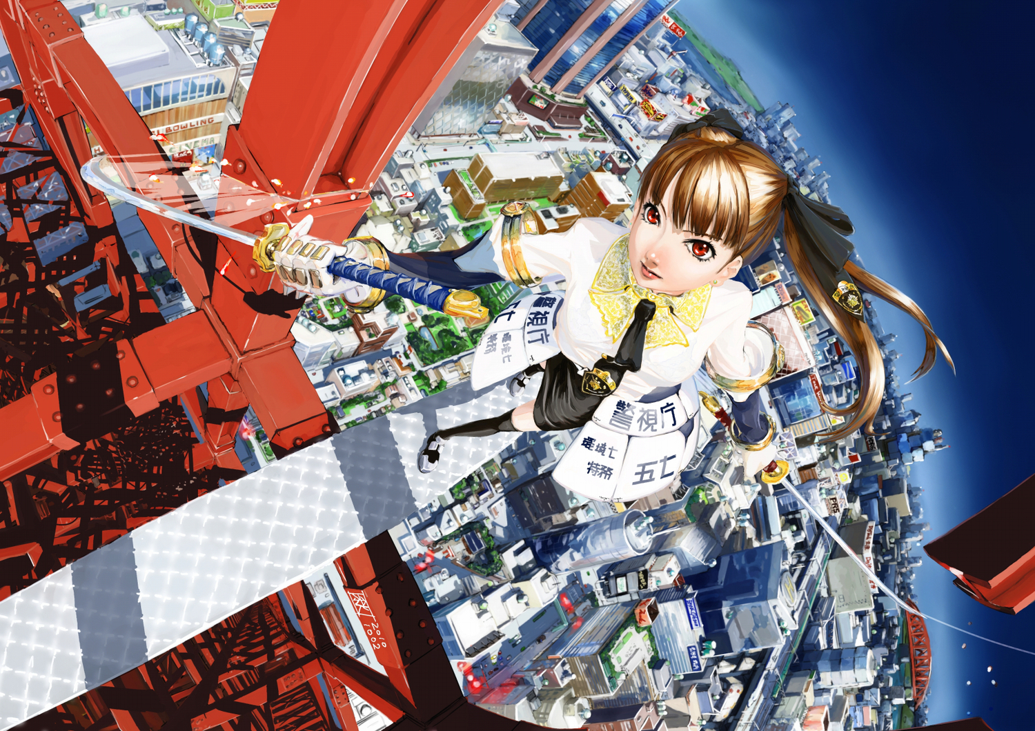 brown_hair, building, chitose_shuusui, city, gloves, katana, original, red_eyes
