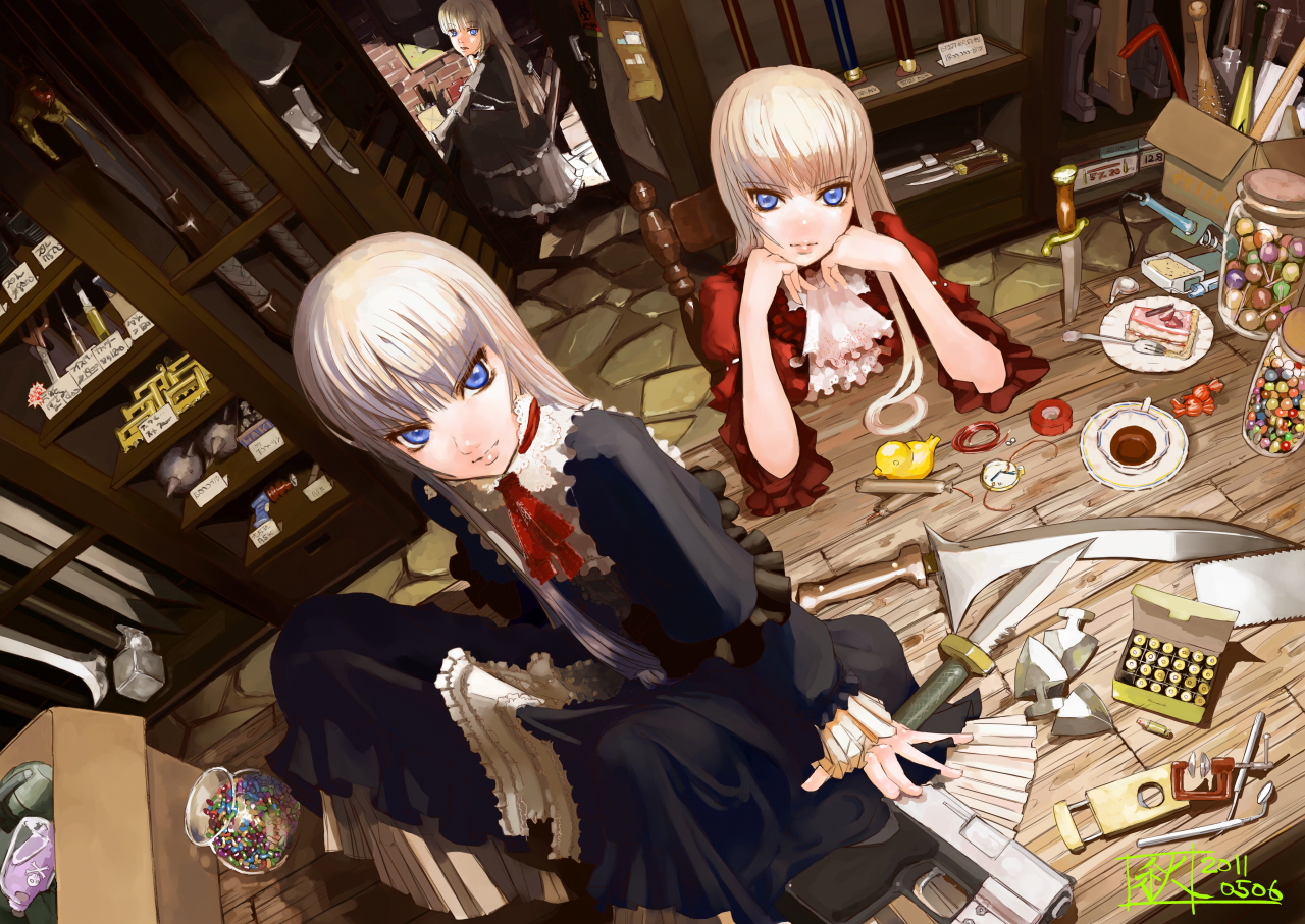 blue_eyes, cake, chitose_shuusui, dress, food, gun, knife, long_hair