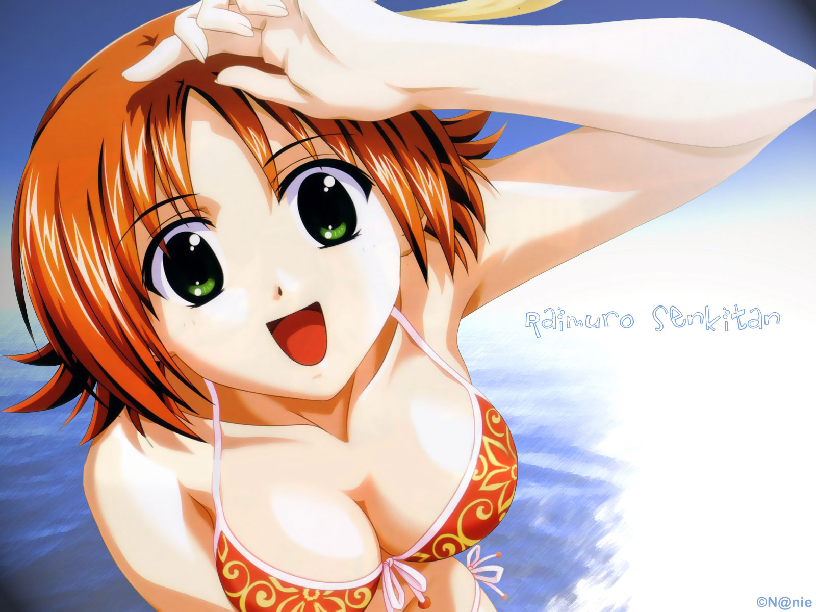 bikini, green_eyes, orange_hair, raimuiro_senkitan, sanada_momen, swimsuit