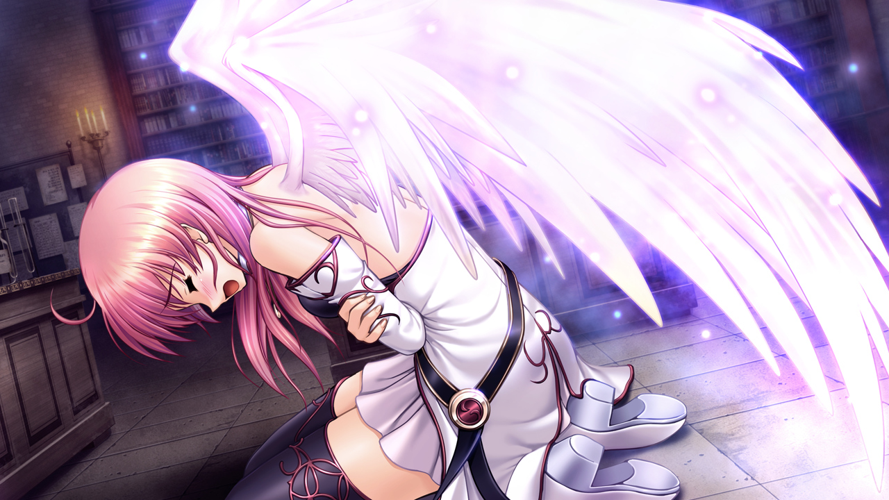 aiyoku_no_eustia, bekkankou, eustia_astraea, game_cg, long_hair, pink_hair, thighhighs, wings