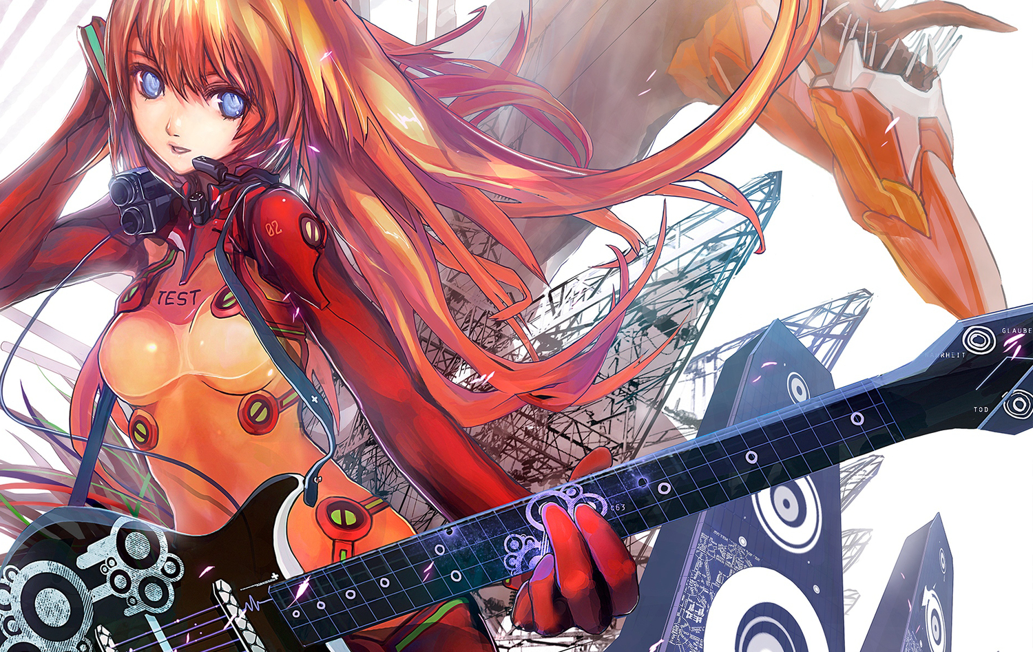 blue_eyes, bodysuit, guitar, instrument, lin+, long_hair, mecha, neon_genesis_evangelion, orange_hair, skintight, soryu_asuka_langley