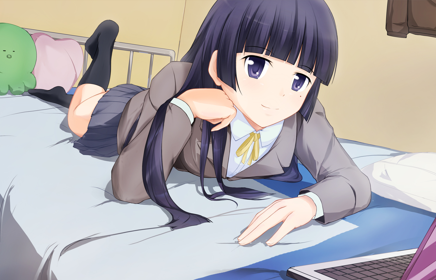bed, blue_eyes, computer, doll, gokou_ruri, nanase_nanami, ore_no_imouto_ga_konna_ni_kawaii_wake_ga_nai, school_uniform