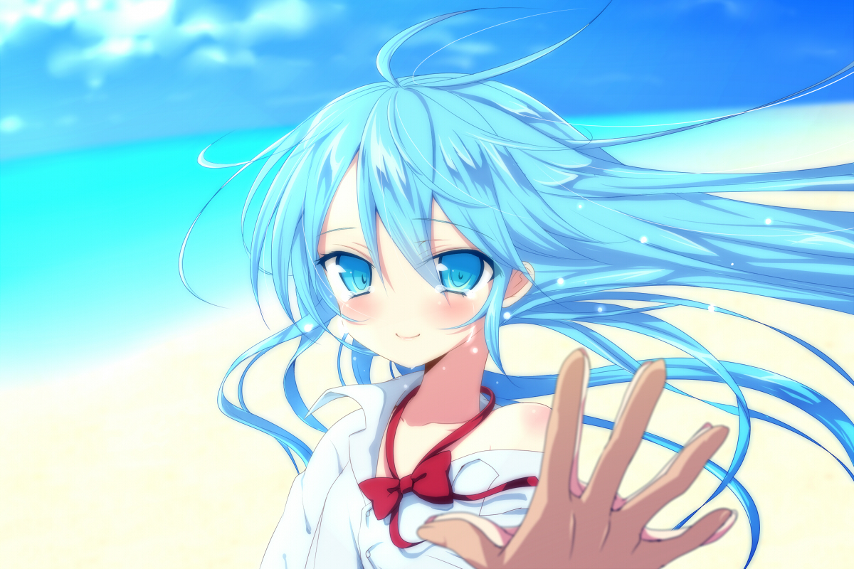 blue_eyes, blue_hair, close, denpa_onna_to_seishun_otoko, minoru, sky, touwa_erio, water