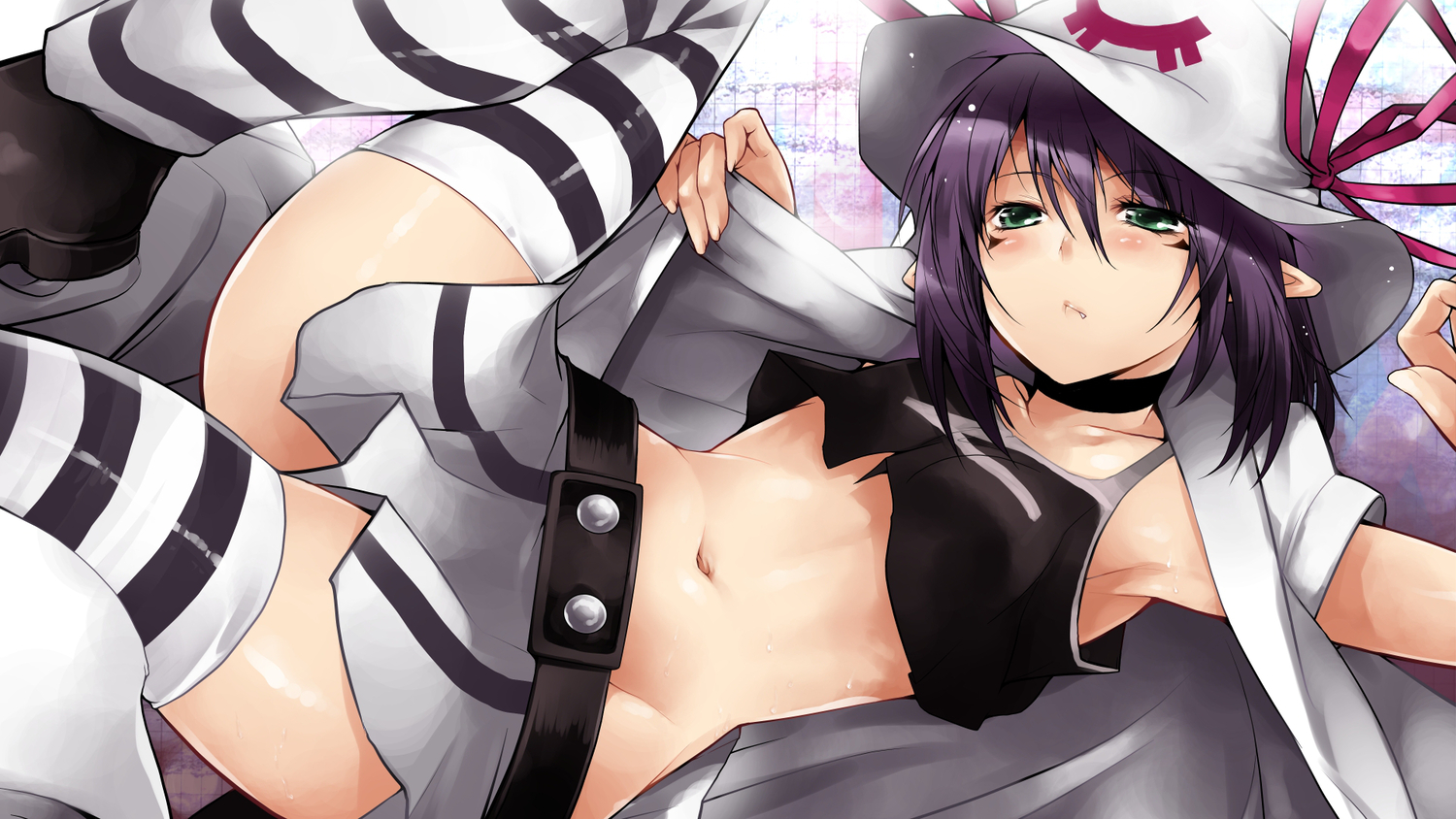 green_eyes, hat, merry_nightmare, navel, nishiide_kengorou, pointed_ears, purple_hair, thighhighs