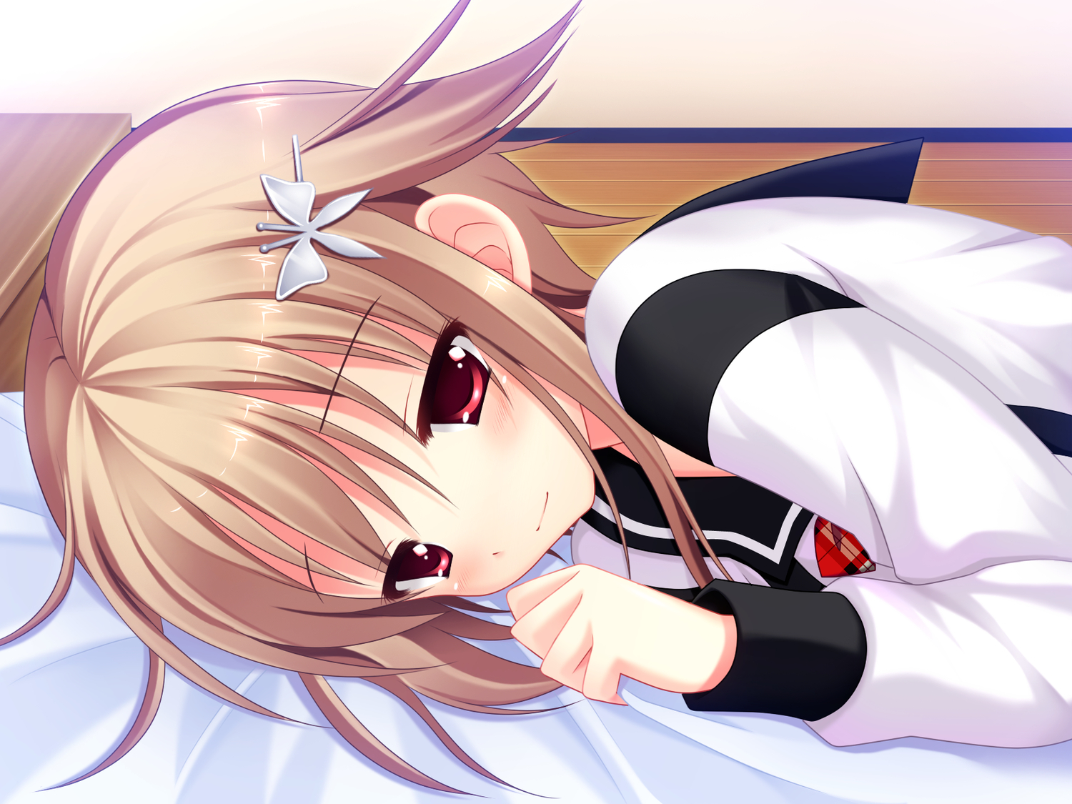 brown_hair, close, game_cg, kamishima_kaede, makita_maki, mecha-con!, onomatope*, red_eyes, school_uniform, short_hair