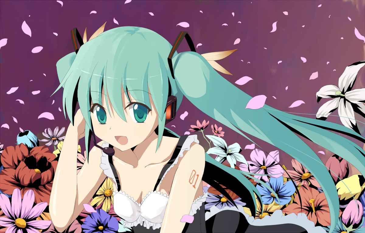 aqua_eyes, aqua_hair, dress, flowers, francis_(ohne), hatsune_miku, headphones, long_hair