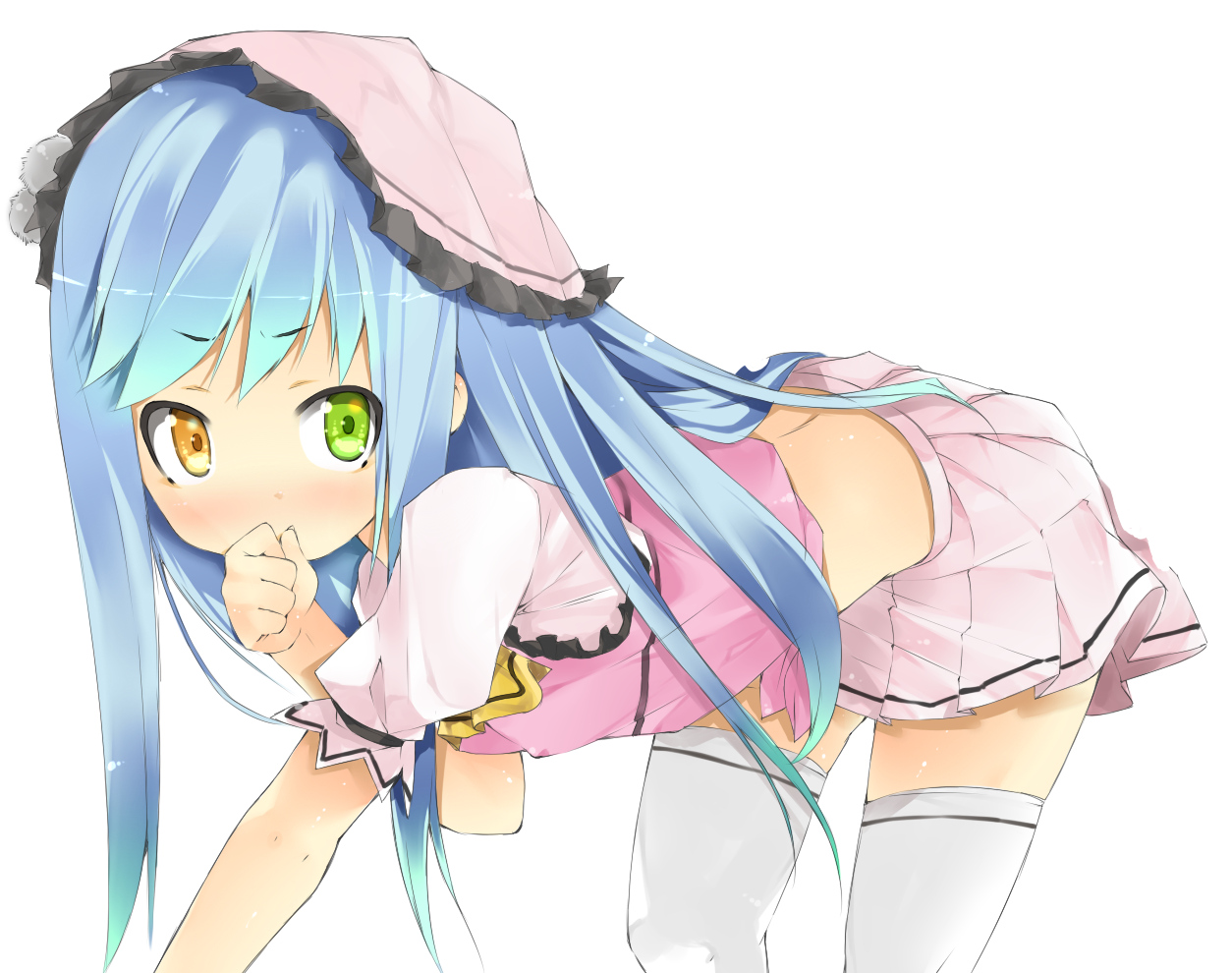 aliasing, bicolored_eyes, blue_hair, erect_nipples, hat, long_hair, original, shikinyan, thighhighs, white, zettai_ryouiki