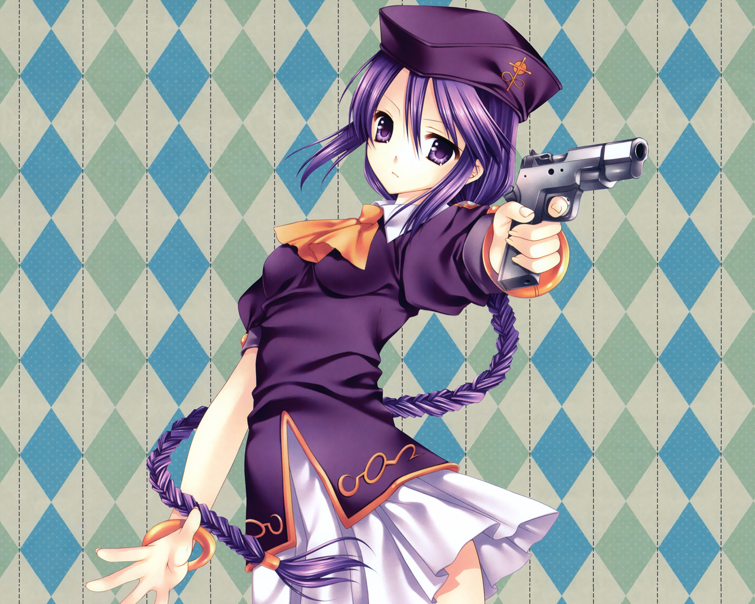 gun, melty_blood, purple_eyes, purple_hair, shingetsutan_tsukihime, sion_eltnam_atlasia, skirt, tatekawa_mako