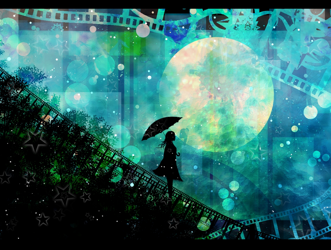 dress, harada_miyuki, moon, original, stars, umbrella