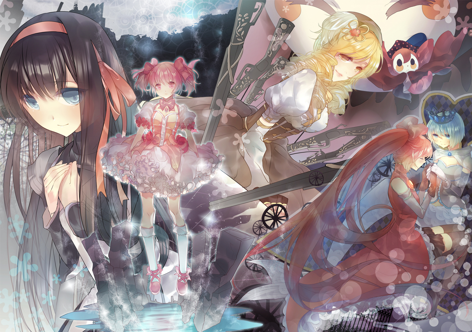akemi_homura, black_hair, blonde_hair, blue_eyes, blue_hair, charlotte_(mahou_shoujo_madoka_magica), gun, hat