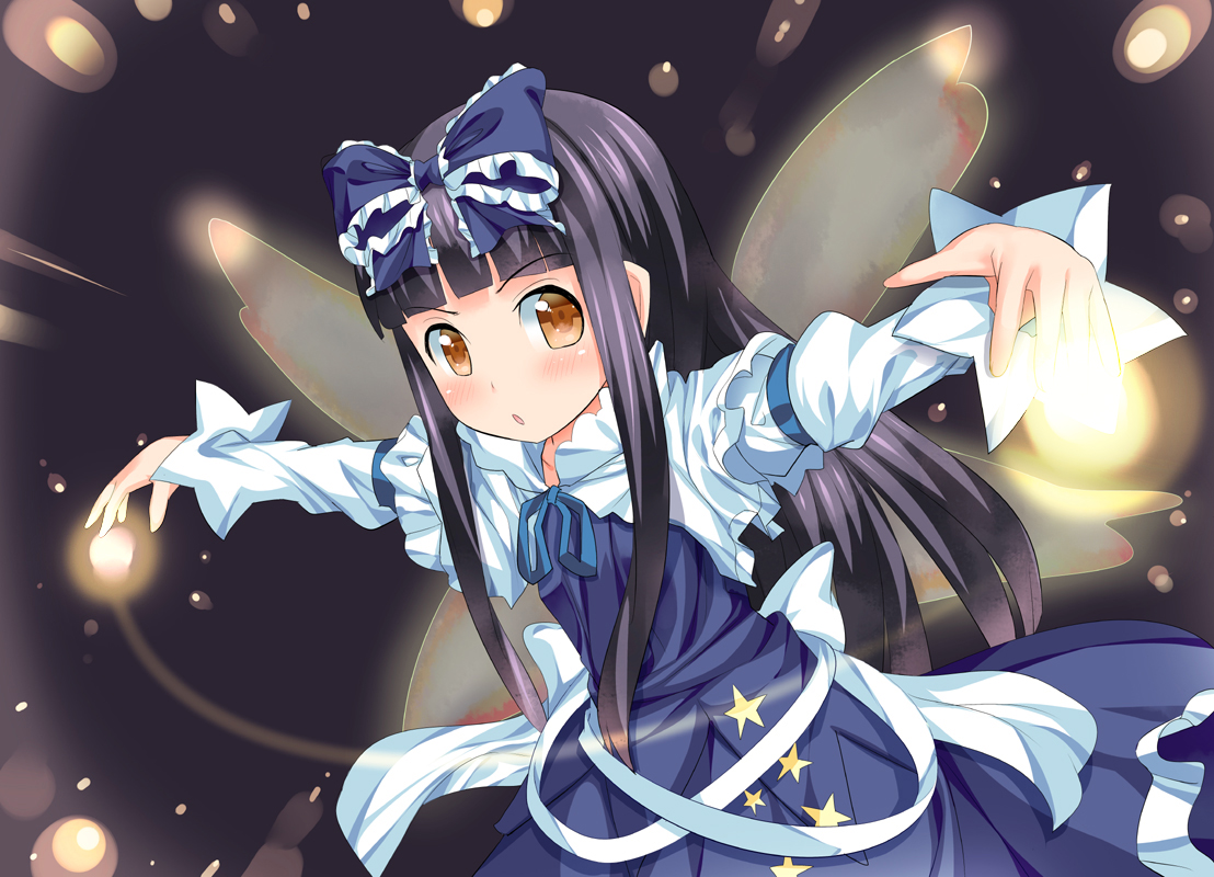 black_hair, bow, brown_eyes, dress, fairy, higheast, long_hair, star_sapphire, touhou, wings