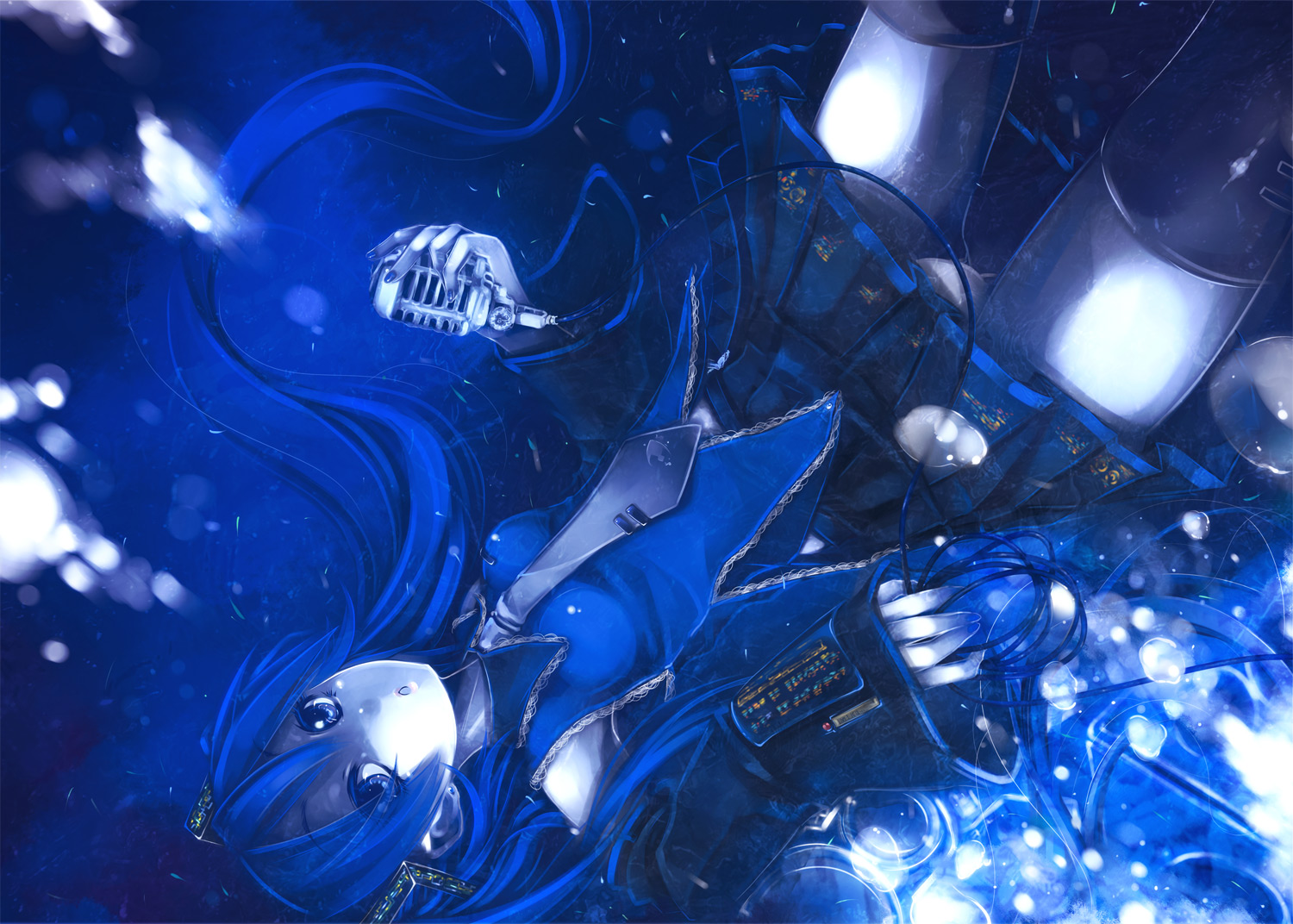 blue, blue_eyes, blue_hair, hatsune_miku, long_hair, microphone, panties, polychromatic, serizawa_mutsuki, thighhighs, twintails, underwear, vocaloid