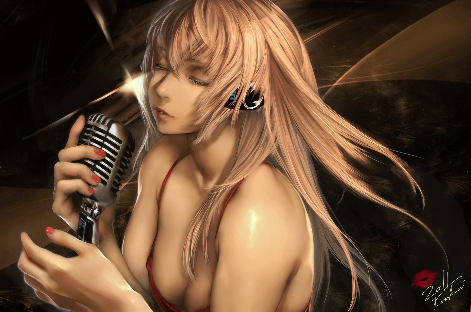 breasts, cleavage, headphones, kazakami_yuu, megurine_luka, microphone, realistic, signed, vocaloid