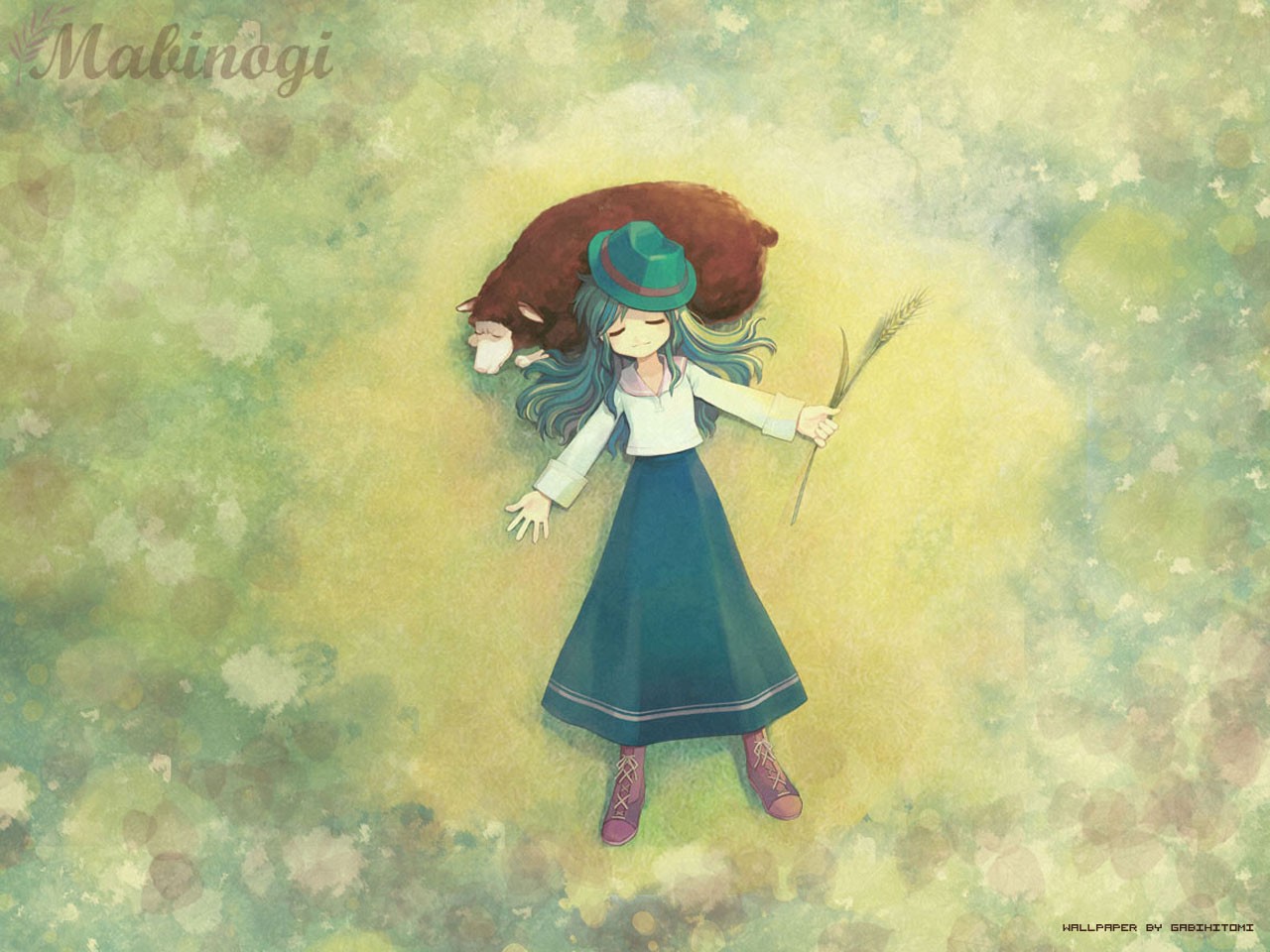 animal, grass, green_hair, hat, long_hair, lorna, mabinogi, sheep